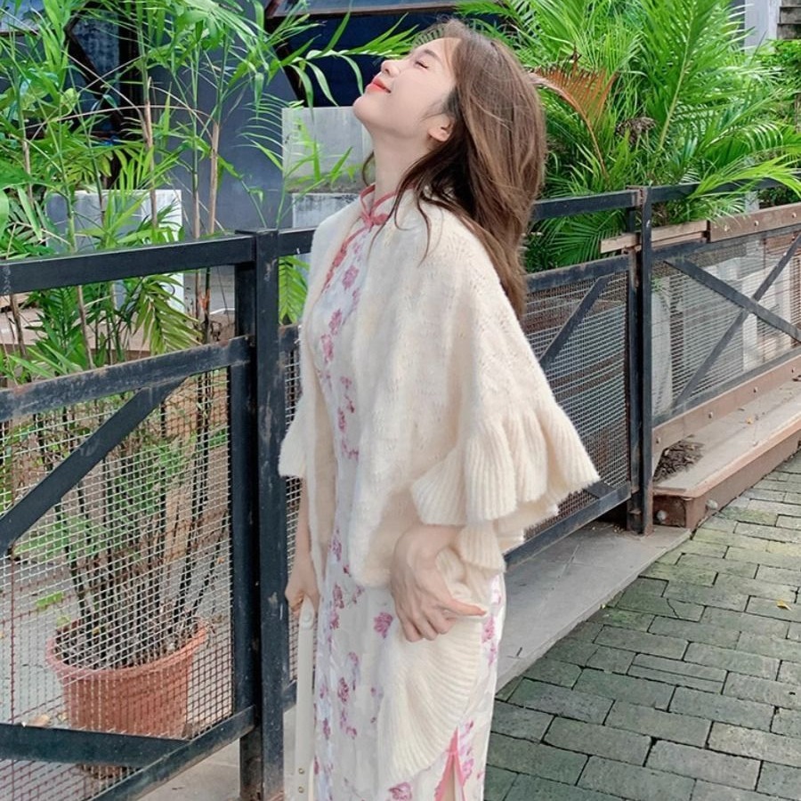 女秋冬新中式旗袍复古时尚披肩斗篷文艺贵妇针织衫森系洋气上衣