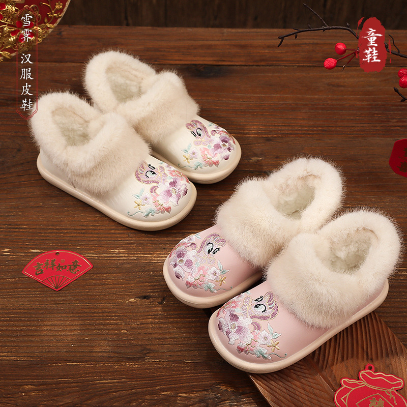 女童冬加绒加厚防滑古风汉服棉鞋