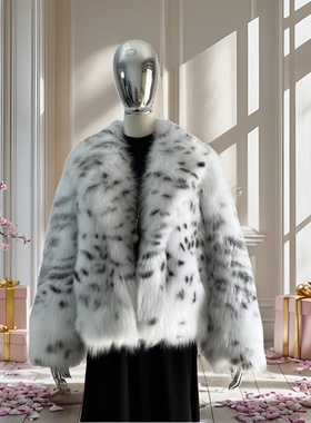 25年山猫纹高奢全白猞猁斑点狐狸毛皮草外套女短款年轻款大衣高级
