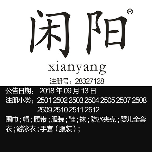 25类《闲阳》休闲服装鞋帽腰带围巾防水夹克冲锋衣广州品牌商标出