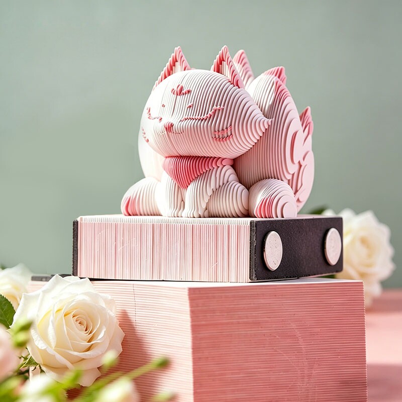 2026年九灵3D立体便签高级纸雕工艺粉色狐狸立体造型艺术创意文具