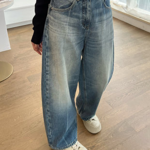 米娜家 欧洲站 现货 2025秋款时尚单粒扣阔腿磨白牛仔裤 E542 101