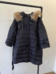 米娜家 欧洲站 清仓现货 带毛领系带宽松中袖保暖羽绒服女 H-3593