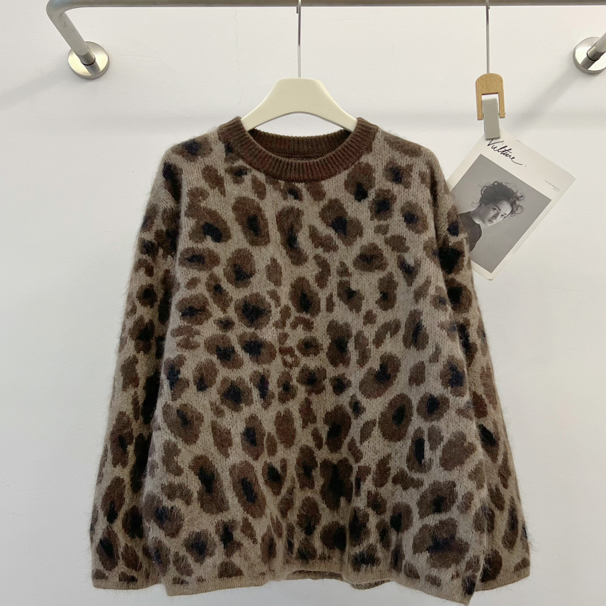 绵羊毛复古豹纹圆领针织羊毛衫