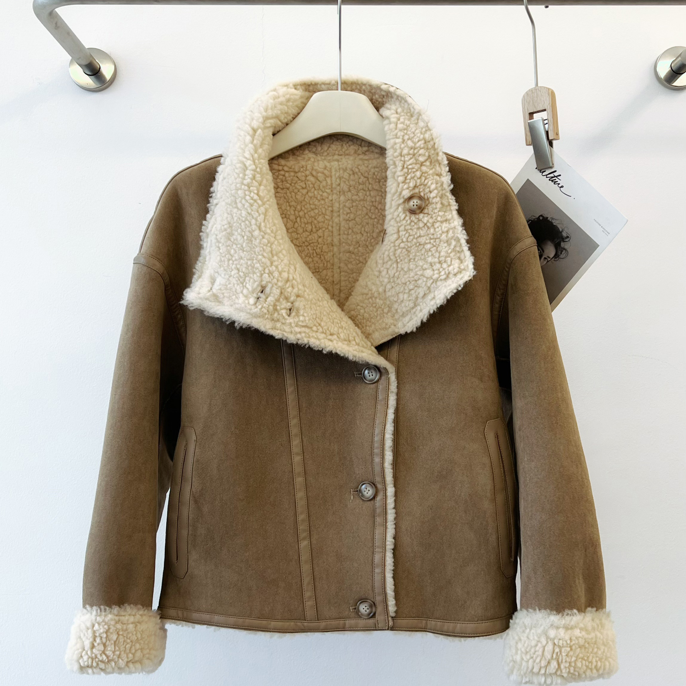 米娜家 欧洲站 25新款复古立领皮毛一体小个子外套女 E548 419