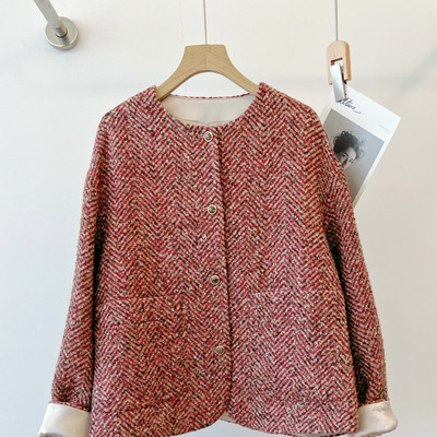 米娜家 欧洲站 彩色线条编织含羊毛宽松小香风外套女 E601 408