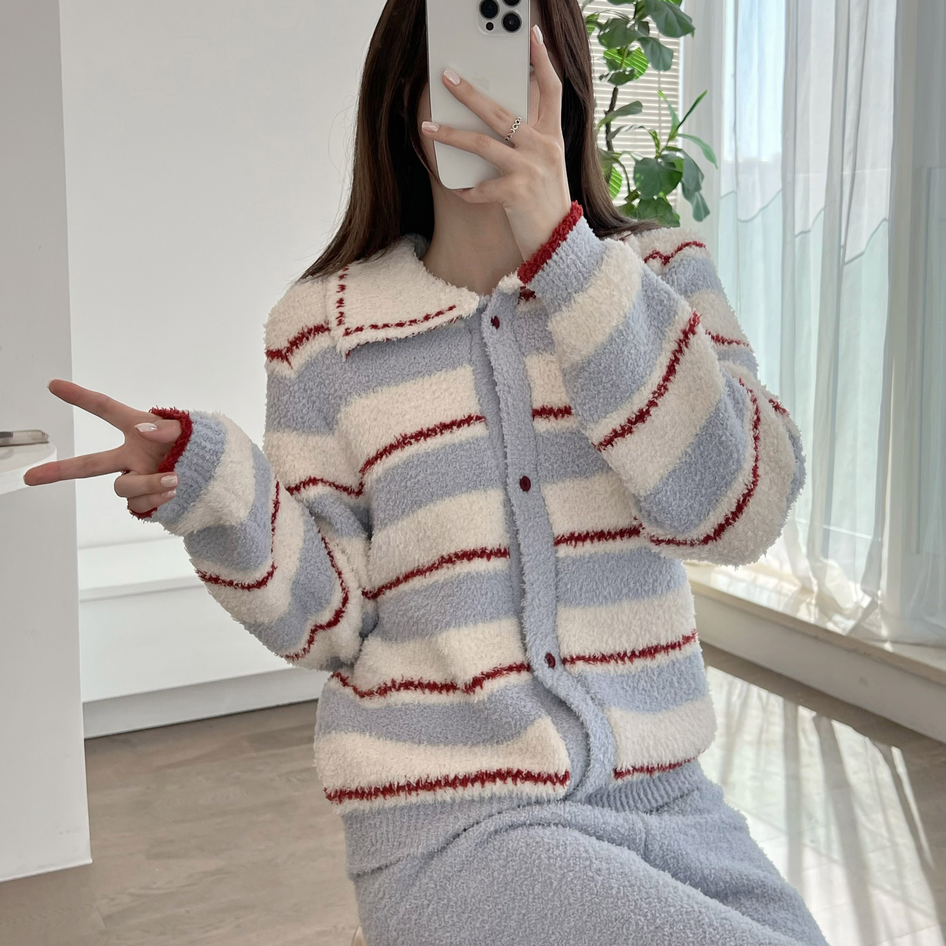 米娜家 2025冬款时尚翻领撞色条纹家居服睡衣两件套装女 E546 501