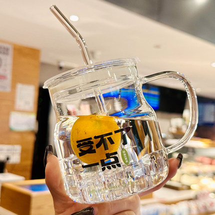 网红ins风杯子女生高颜值新款2025吸管喝水杯办公室玻璃杯带把手