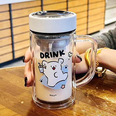 带把手双层高硼硅玻璃杯茶水分离