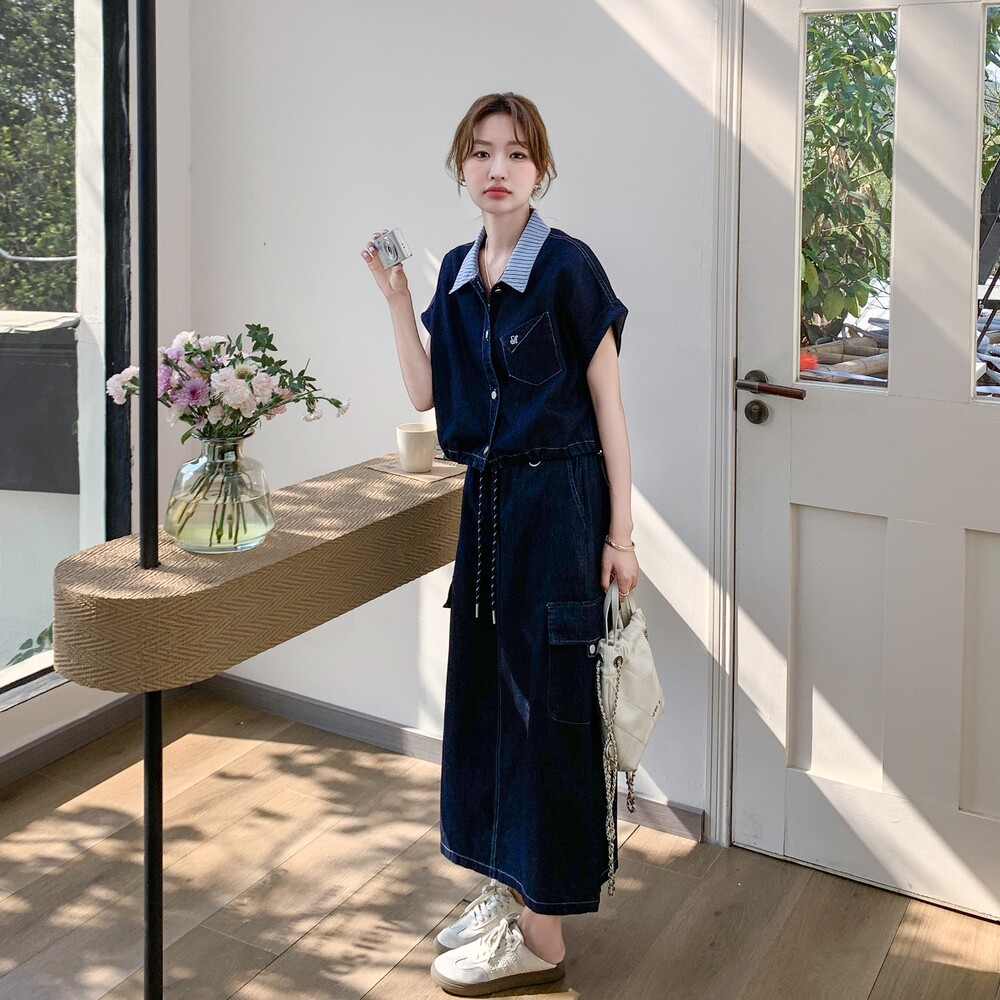 休闲条纹拼接牛仔衬衫半身裙套装女夏2025新款洋气ootd穿搭两件套图片