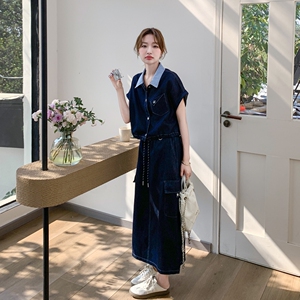 休闲条纹拼接牛仔衬衫半身裙套装女夏2025新款洋气ootd穿搭两件套图片