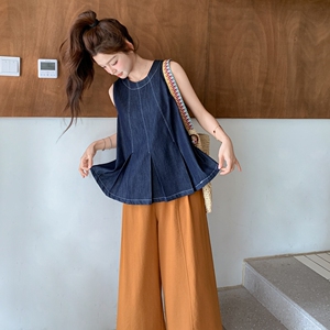 复古牛仔背心套装女2025夏新款独特无袖上衣高腰显瘦阔腿裤两件套图片
