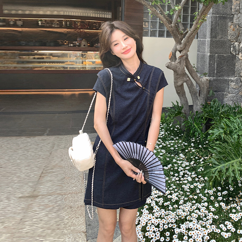 国风新中式牛仔套装裙女夏时尚洋气两件套装时髦洋气小个子旗袍款,女装套装/套裙,2C153