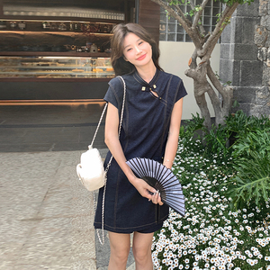 国风新中式牛仔套装裙女夏时尚洋气两件套装时髦洋气小个子旗袍款图片