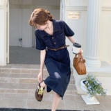 深蓝色淡人系收腰牛仔连衣裙女2025夏季复古小个子气质显瘦衬衫裙，女装连衣裙，2C153