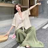 慵懒风韩系轻薄设计感衬衫时尚套装女夏新款休闲显瘦阔腿裤两件套，女装套装/套裙，2C153