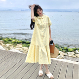奶乎乎黄色娃娃领连衣裙女2025夏新款韩系甜美宽松减龄碎花衬衫裙，女装连衣裙，2C153