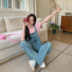 国风盘扣牛仔背带裤女2025夏新款新中式显瘦小个子减龄直筒连体裤图片
