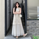 法式气质度假背心连衣裙女2025夏季新款设计感蕾丝拼接百褶长裙子，女装连衣裙，2C153