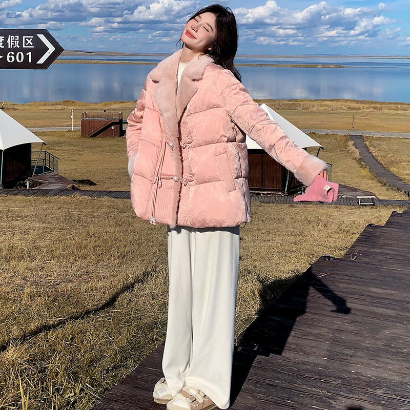粉色气质国风盘扣羽绒服女冬季新款漂亮拼接毛绒中式白鸭绒外套,女装羽绒服,2C153