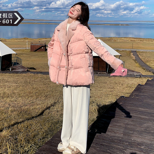 粉色气质国风盘扣羽绒服女冬季新款漂亮拼接毛绒中式白鸭绒外套图片