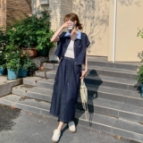 休闲条纹拼接牛仔衬衫半身裙套装女夏2025新款洋气ootd穿搭两件套，女装套装/套裙，2C153