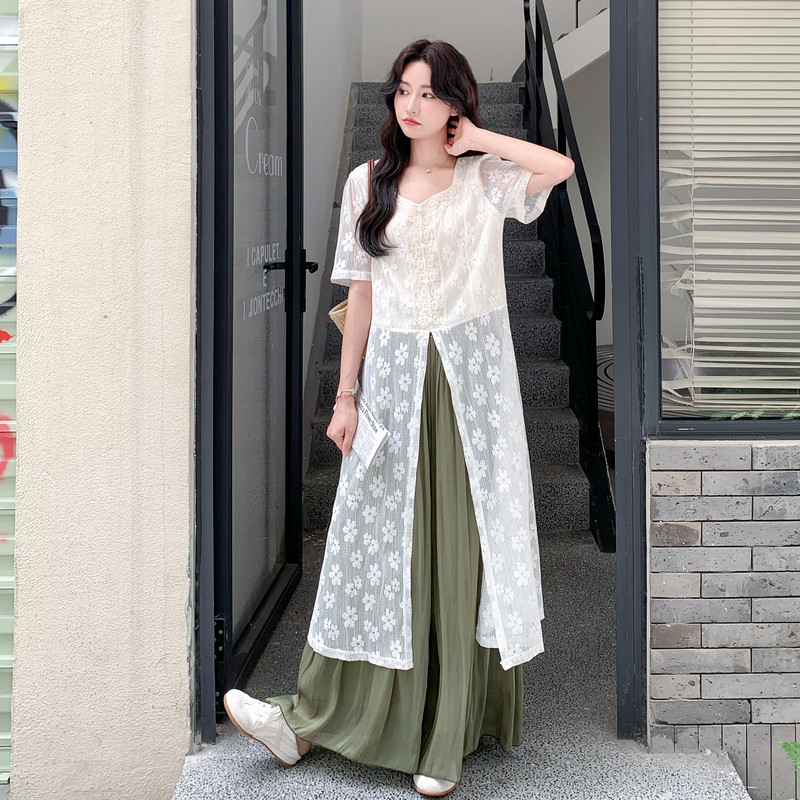 夏装新款设计感蕾丝拼接阔腿裤两件套2C153-832-P165K248,女装连衣裙,2C153