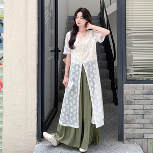 夏装新款 设计感蕾丝拼接阔腿裤两件套2C153-832-P165K248图片