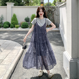 减龄T恤法式吊带连衣裙女夏2025新款小众宽松显瘦高级感长裙，女装连衣裙，2C153