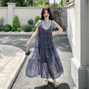 减龄T恤法式吊带连衣裙女夏2025新款小众宽松显瘦高级感长裙图片