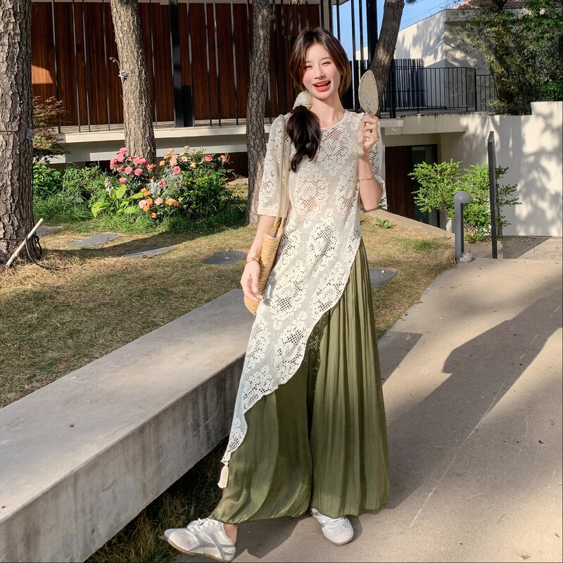 法式蕾丝罩衫套装女2025夏季新款气质不规则拼接宽松阔腿裤两件套,女装套装/套裙,2C153