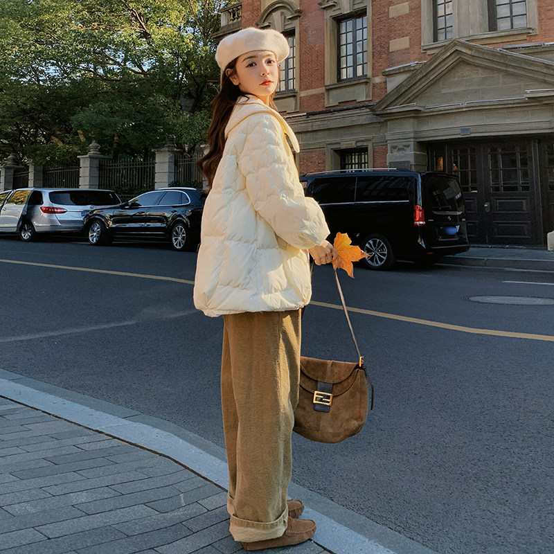 米白色减龄娃娃领羽绒服女冬2025新款时尚高级感超好看白鸭绒外套,女装羽绒服,2C153
