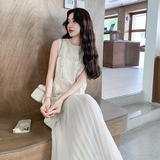 法式气质度假背心连衣裙女2025夏季新款设计感蕾丝拼接百褶长裙子，女装连衣裙，2C153