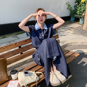休闲条纹拼接牛仔衬衫半身裙套装女夏2025新款洋气ootd穿搭两件套图片