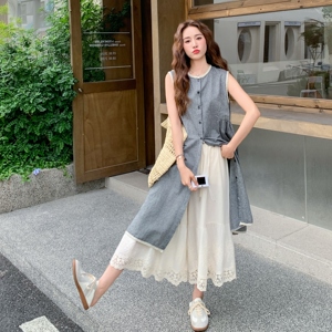 休闲松弛感穿搭套装女2025夏季新款韩系宽松无袖背心阔腿裤两件套图片