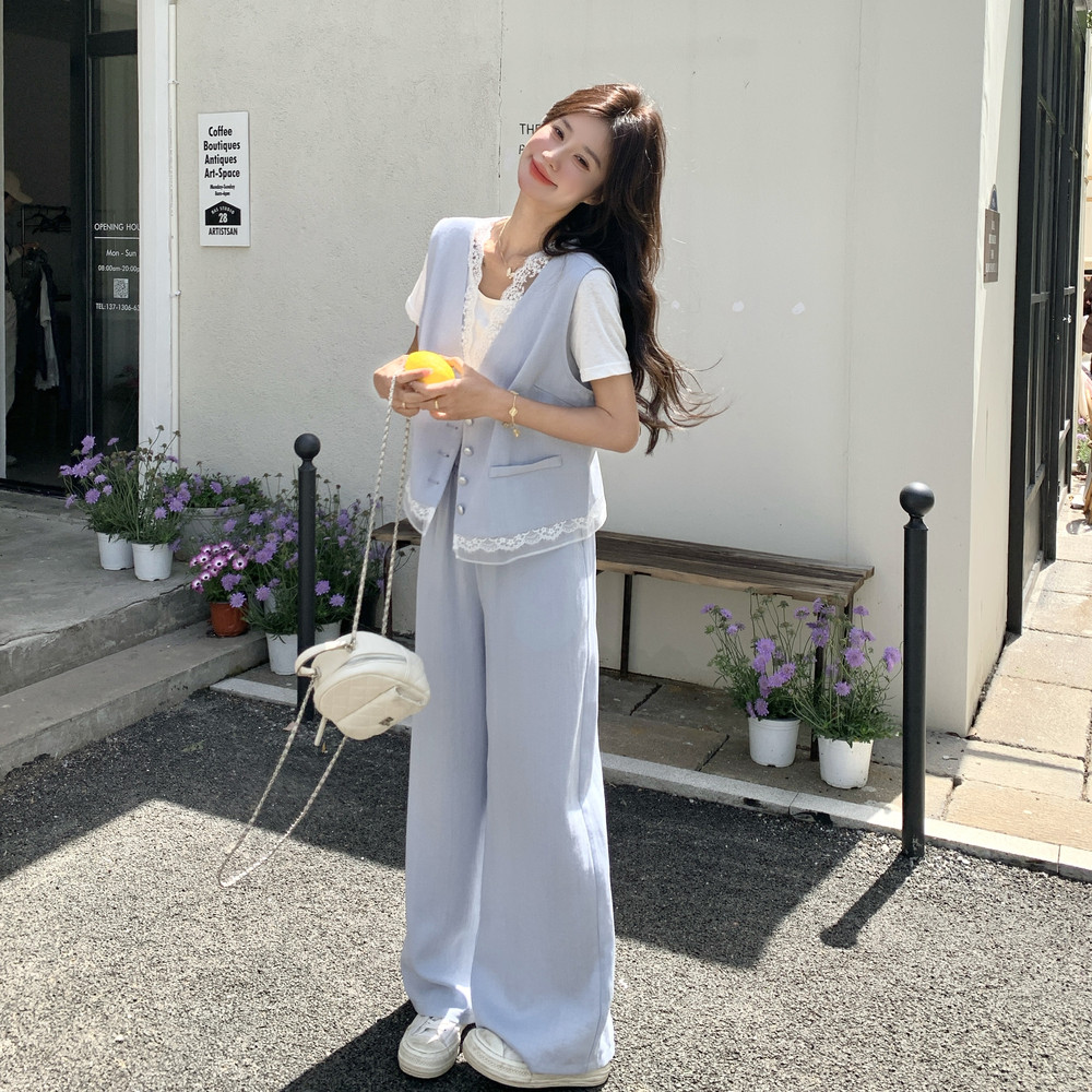 蕾丝花边浅蓝色马甲短袖T恤套装裤女夏2025新款ootd高级感三件套,女装套装/套裙,2C153