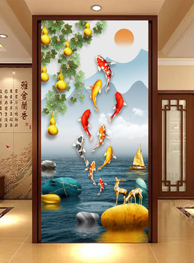 家和竹孔雀富贵花开中式玄关壁画