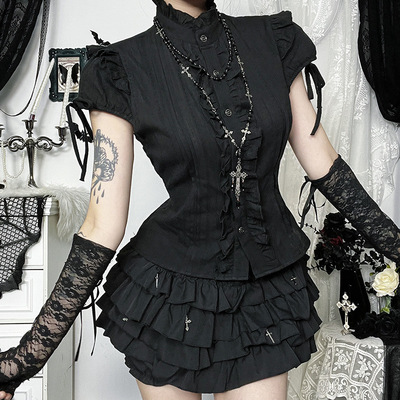Gothic暗黑哥特风立领短袖肌理衬衫 2025新款木耳拼接百搭上衣