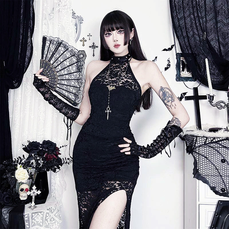Gothic哥特暗黑风超长蕾丝连衣裙