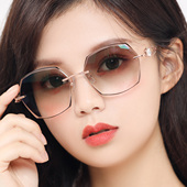 切边太阳镜女无框镶钻近视切边眼镜女咖啡色优雅墨镜女超轻变色
