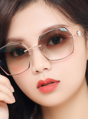 切边太阳镜女无框镶钻近视切边眼镜女咖啡色优雅墨镜女超轻变色