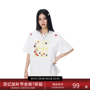 【Achock官方店】美式嘻哈图章刺绣情侣半袖T恤潮牌宽松情侣短袖