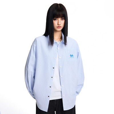 【Achock官方店】趣味小狗刺绣条纹衬衫外套早秋新款百搭情侣衬衫