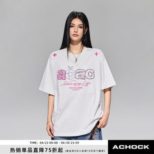 【Achock官方店】撞色布贴绣格子拼接半袖T恤夏季情侣圆领短袖t