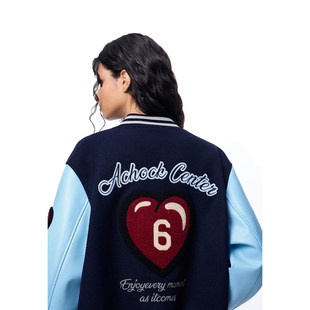 【Achock官方店】美式植绒拼接撞色夹克宽松刺绣pu皮袖棒球服外套