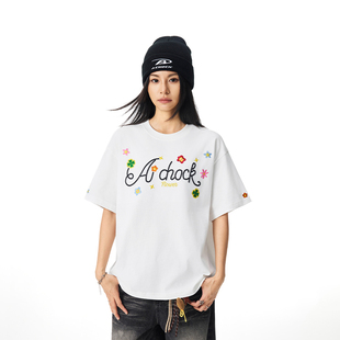 【Achock官方店】美式嘻哈手写logo花卉印花短袖潮牌新款圆领T恤