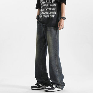 百搭阔腿直筒裤 NKAOL美式 高街水洗深蓝牛仔裤 男夏季 做旧微喇裤