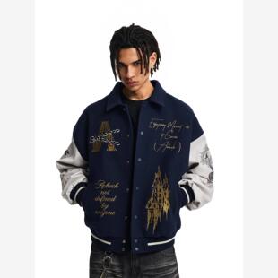 【Achock官方店】重磅棒球夹克刺绣字母徽章宽松翻领立领外套美式