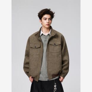 【Achock官方店】千鸟格覆古夹克外套老钱风痞帅哈灵顿立领外套棕