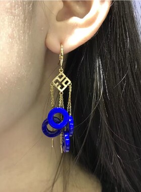 大青坊复古青金石女黄金时尚耳环